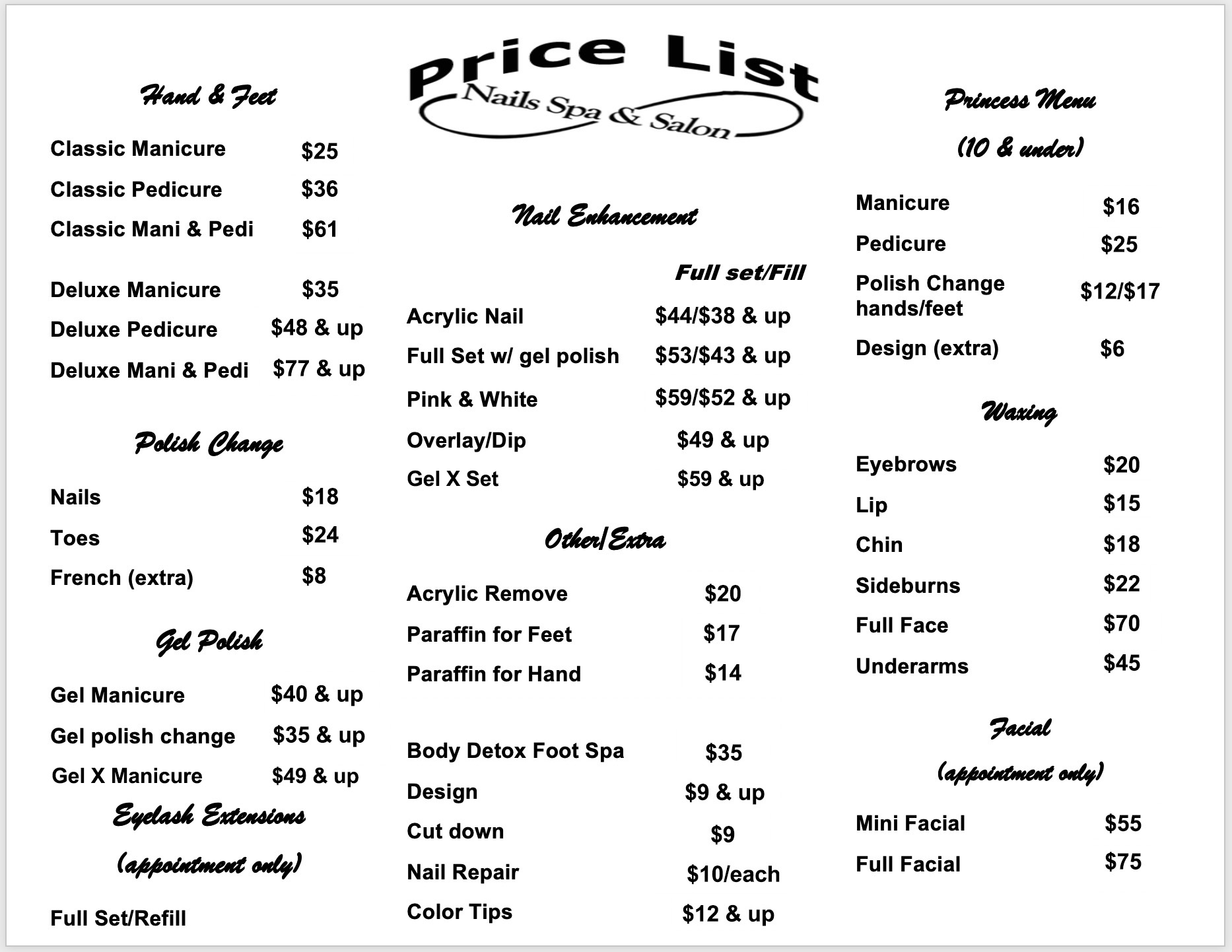 Infinity Nails Spa & Salon - Price List